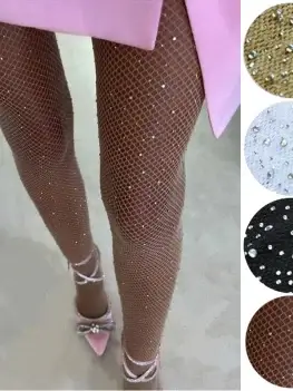 2024 Summer Fishnet Diamond Pantyhose for Women Sexy Fashion Shiny Net Tights Female Slim Rhinestone Mesh Nylon Stockings Tights