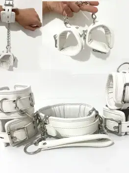 Padded Leather White Kit Adjustable Collar Handcuffs Ankle Cuffs Restraints BDSMAdult Sex Toys