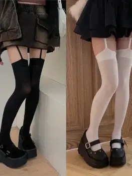 Women Suspender Wide-banded Velvet Tights Lolita Thin Thigh High Stockings with Garters Y2K JK College Style Over The Knee Socks