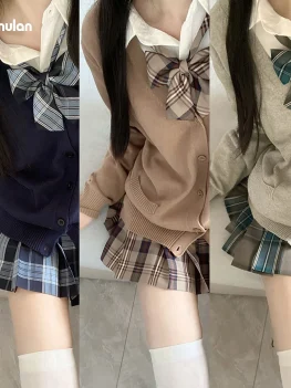 Japanese and Korean Campus Style Genuine JK School Uniform Autumn and Winter Suit Cardigan Checkered Skirt Shirt All-match Women