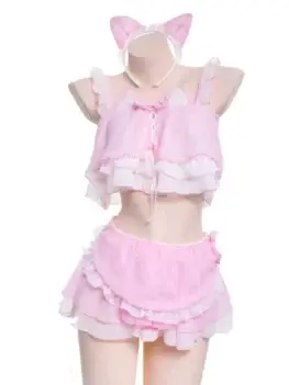 AniLV Anime Lolita Girl Maid Cat Uniform Cute Pink Cats Ears Chiffon Clothes Maidservant Outfit Cosplay Costume