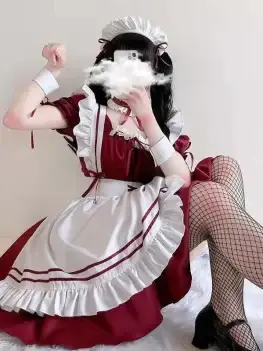 Women's Dress Red White Lolita Maid Costume Cosplay Costumes Cute Dress Sexy French Apron Uniform Cafe Maid Party Skirt