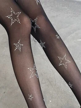 Y2k Star Diamond Rhinestone Fishnet Sexy Women Pantyhose Thigh High Stockings JK Lolita Girls Kawaii Bling Underwear Pantyhose