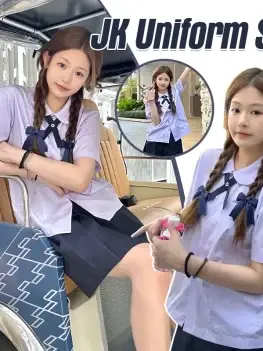 Men/Women JK Uniform Thai Style School Uniforms Short Sleeve White Shirt/Light Purple Shirt Preppy Style Pleated Skirt w/bow Tie