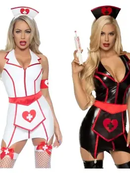 6 Pieces Women Nurse Deep V Neck Faux Leather Black White Short Dress With Apron Girl PU Sexy Lingerie Cosplay Costume Uniform