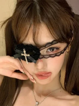 Punk Cross Eye Mask Women Lolita Cosplay Eye Patch Gothic Halloween Heart Bow Lace Eyewear Accessories Xmas Gifts