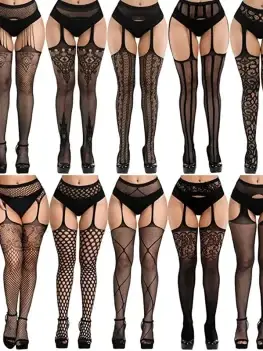 Sexy Women Stockings Fishnet Tights Transparent Crotchless Pantyhose Thigh High Elastic Embroidery Stocking With Garter Belt