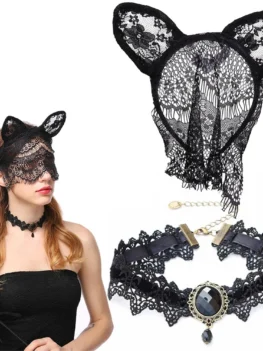 Anime Lace Hair Hoop Cat Ear Headband Necklace Set Sexy Bunny Girl Cosplay Party Face Mask Props Women Nightclub Eye Mask