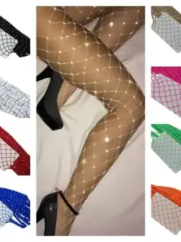 Summer Women Large Mesh Sparkle Fishnet Big Mesh Colored Tights Bling Silver Rhinestone Fishnet Leggings Glitter Dance Pantyhose