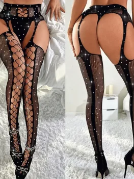 Erotic Open Crotch Lingerie Women Rhinestone Stockings With Garters Set Mesh Tights Hollow Pantyhose Sexy Fishnet Long Stockings