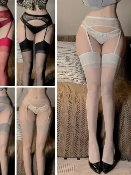 Sexy Lingerie Female Lace Garter Stockings with Suspenders Plug Size Four Sides Open Crotch Sex Tights Party High Socks Women
