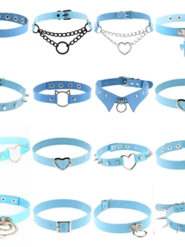 Women Sexy Punk Choker Collar Spike Rivets Lock Blue Leather Necklaces Bondage Cosplay Choker Belt Jewelry Statement Jewelry