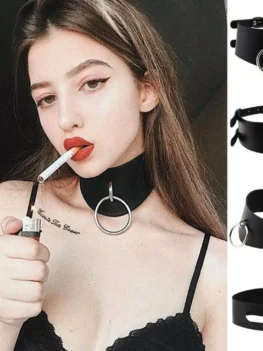 Vegan Choker Harajuku Goth Collar black wide belt Necklace leather chocker bondage cosplay club party festival jewelry