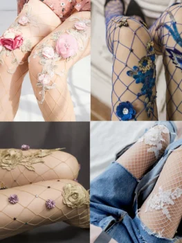 Sexy Thigh Women Fishnet Tights Blue Pink Purple Red Roses Flowers Rhinestones Decoration Pattern Pantyhose Stockings Mesh Lady