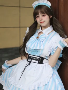 S -5XL Blue Strips Cute Lolita Maid Dress Kawaii Cosplay Costume Girl Maid Dress Halloween Trending Girls Maid Party Costumes