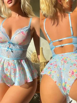 Erotic Underwear Floral Sheer Sleepwear Sensual Pajamas Transparent Night Dress Women Sexy Lingerie Porno Babydoll Dress