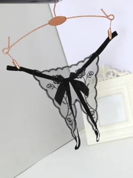 Open Thongs for Women Crotchless Embroidery G String Tanga Lace Briefs Transparent Sexy Lingerie