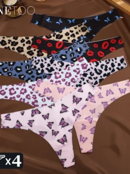 FINETOO 4Pcs Ultra Soft Underwear For Women Sexy Graphic Print Seamless Thongs Female Stretch Leopard G Strings Comfort Lingerie