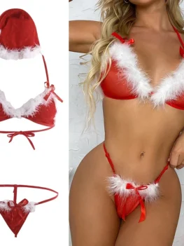 Sexy Santa Lingerie Lady Christmas Red Velvet Fluffy Bikini Sets Bra G-String Thong Hat 3Pcs Bandage Exotic Set with Feather