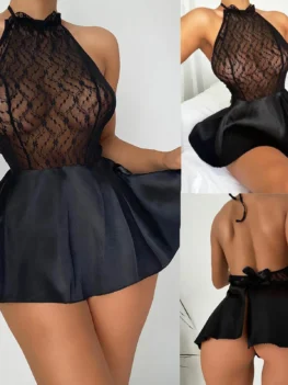 Women Exotic Nightdress Sexy Lace Translucent Mesh Splicing Babydolls Solid Color Strap Lace-Up Backless Slit Mini Dresses