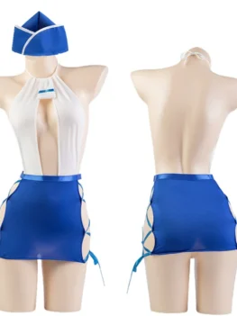 Sexy Stewardess Uniform Cosplay Costume Hollow Bandage Mini Dress Women Underwear Nightdress Role Play Lingerie Backless Outfits