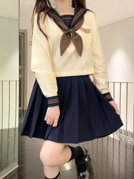 Japanese School Uniform Cute Girls Jk Suit Yellow Basic Sailor Suit Bow Tie Women's College Style High School Pleated Skirt Suit
