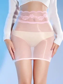5D Oil Shiny Lace Patchwork High Waist Buttocks Mini Skirt Women Sexy Thin Transparent Babydoll Dress Hot Pole Dance Clubwear