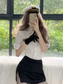 Sexy And Charming Top Hip Skirt Ladies Stewardess Uniform Elastic Slim Policewoman Uniform Secretary Role Play Costume Suit 2025