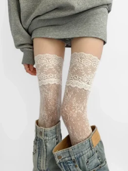 2025 Women Flower Lace Fishnet Thigh High Stockings Japanese Style JK Girl Sweet Lace Trim Frilly Over Knee Long Socks