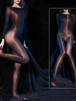 Men Women Oily Shiny Utra-Thin Bodysuit Transparent Full Bodystocking Party Club Silky Tight Jumpsuit Elastic Open Crotch Romper