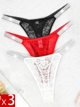 3pcs Sexy Thongs Lace Women Underwear Perspective Floral Panties Low Rise Two Shiny Belts G-string Comfortable Intimate Lingerie