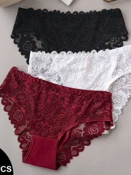 3PCS/Set Luxury Floral Embroidery Lace Panties Women Briefs Sexy Hollow Lingerie Female Underwear Ladies Breathable Underpants