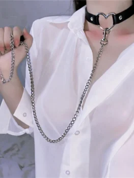 Sexy Collar Gothic Choker Necklaces Pink Faux Leather Stainless Steel Heart Metal Pendant Harajuku Neck Strap Women Jewelry Gift