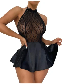 Women' Fashion Solid Color Strap Sexy Lace Nightdress Underwear Hot Sexy Hollow Out Neck-mounted Black Color A-line Mini Dress