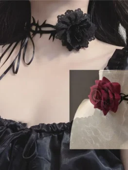2 Pcs Red Black Big Rose Flower Choker Necklace For Women Gothic Velvet Collar Necklace Adjustable Long Chain Punk Dark Jewelry