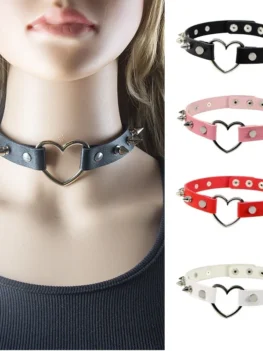 New Sexy Punk Spike Cosplay Collar Choker Gothic Pu Leather Rock Necklaces Harajuku Collar Choker With Metal Heart For Woman