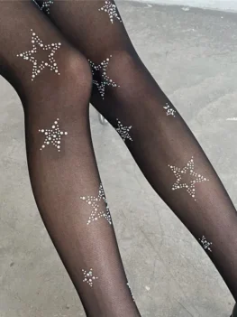 Y2k Star Diamond Rhinestone Fishnet Sexy Women Pantyhose Thigh High Stockings JK Lolita Girls Kawaii Bling Underwear Pantyhose