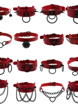 Fashion Summer Goth Red PU Leather Necklaces Women Sexy Choker Collar Punk Spiked Neck Strap Clavicle Mens Jewelry Bondage