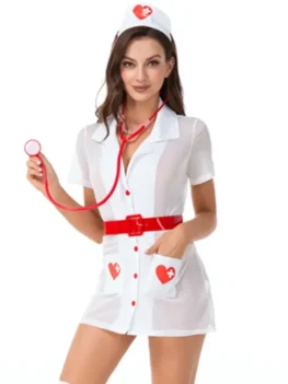Women Adults Nurse Doctor Uniform Cosplay Costume Temptation Sexy Game Roleplay Dress Outfit with Belt And Hat