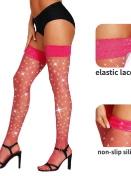 Popular Women Non Slip Silicone Sparkly Rhinestone Stockings Fishnet Thigh High Socks Girls Lace Top Hosiery Stay Up Stocking