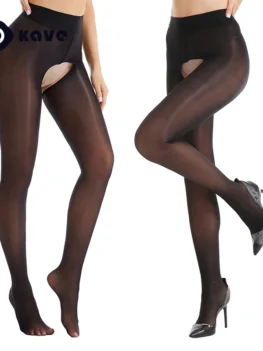 Kave 2 Pairs Shiny Sheer Tights Open Crotch pantyhose for Women Black Sexy High Waist shimmery tights Oil Shimmery Stocking