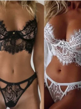Lace Lingerie Set Sexy Underwear Hollow Eyelashes Lace Bra and Panty Set White Black Underwear Women Plus Sixe