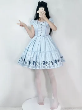 Halloween Alice Fantasy Wonderland Kingdom Japanese Blue Cute Women's Maid Cosplay Costume Short Sleeves Lolita Princess Dress