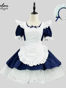 Color Cosplayer Blue Classical Lolita Maid Cosplay Costume Summer Comic-Con Dress Up Square Neck Dress with Apron Carnival Wear