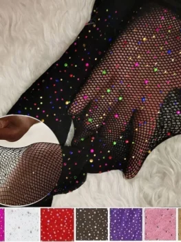 Fishnet Diamond Pantyhose Women Fashion Shiny Net Tights Female Slim Rhinestone Mesh Nylon Stockings Tights