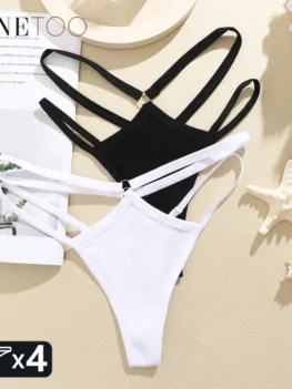 FINETOO 4Pcs Cotton Double Thin Belts Underwear for Women Sexy Low Waist Striped Thongs Ladies Soild Panties Breathable Lingerie