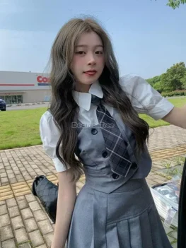 2025 summer new fashion women korea uniform style jk dress set vest short shirt pleated a-line skirt three pieces jk set s497