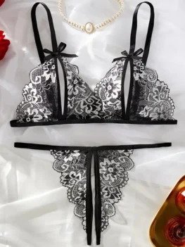 Floral Lace Sexy Lingerie Bow Open Split Cup Intimates Bra And Thongs Sets Crotchless Naughty Porn Sex Outfit Women's Underwear