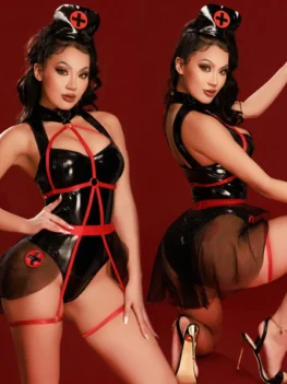 JSY Sexy Nurse Costume Anime Cosplay Lingerie Black Leather Bodysuit Women Underwear Maid Suit Nightgown Sexy Role Play Outfits