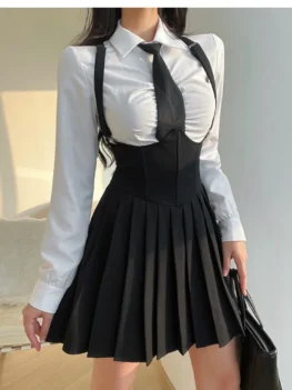 Women Size 4XL Sexy JK Uniform Suit Slim American Sugar Spicy Girls College Style Uniform Set Shirt White + Strap Pleated Skirt
